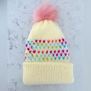 🤍 Handmade White Knit Hat – Rainbow Fair Isle + Pink Fur Pom Pom 🤍